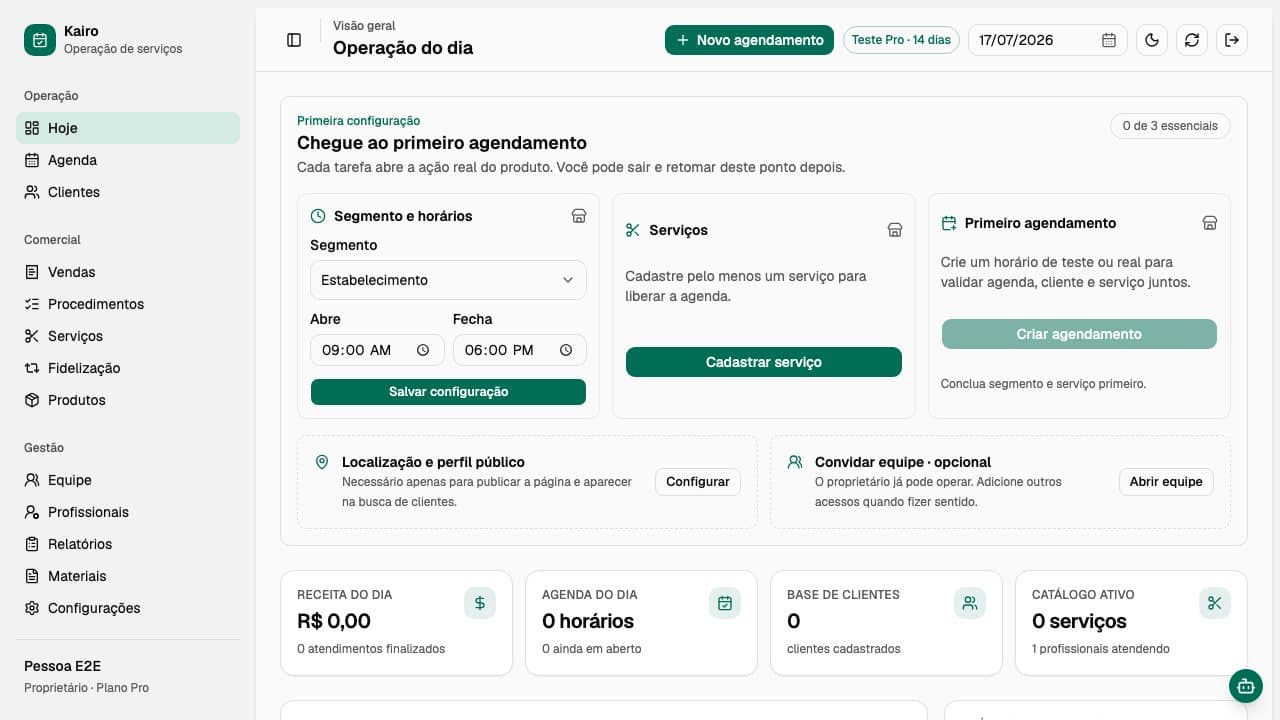 Painel real do Kairo com agenda e indicadores da operação